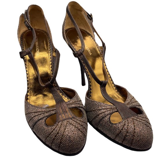 BCBGMaxAzria Shoes - BCBG MaxAzria Bronze Metallic T Strap Heels size 8.5